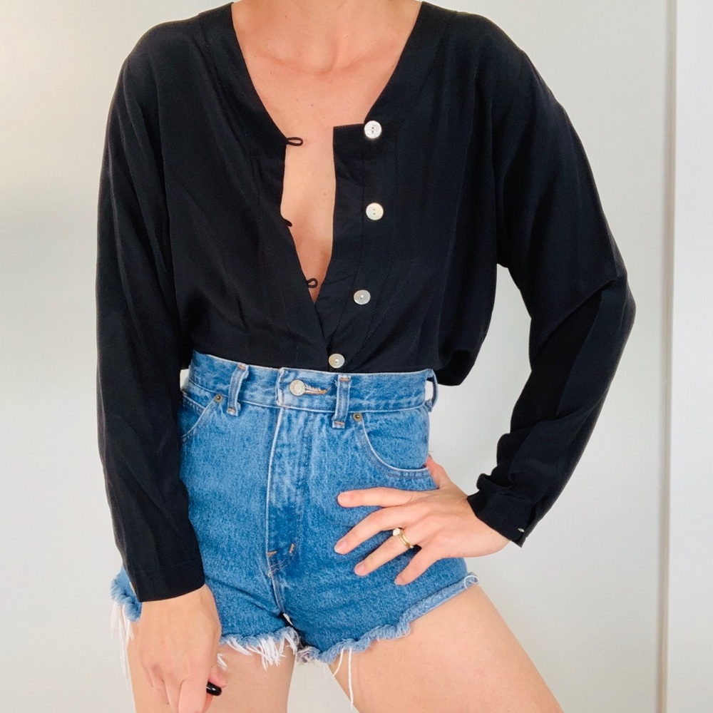 Vintage 100% silk black button down oversized top